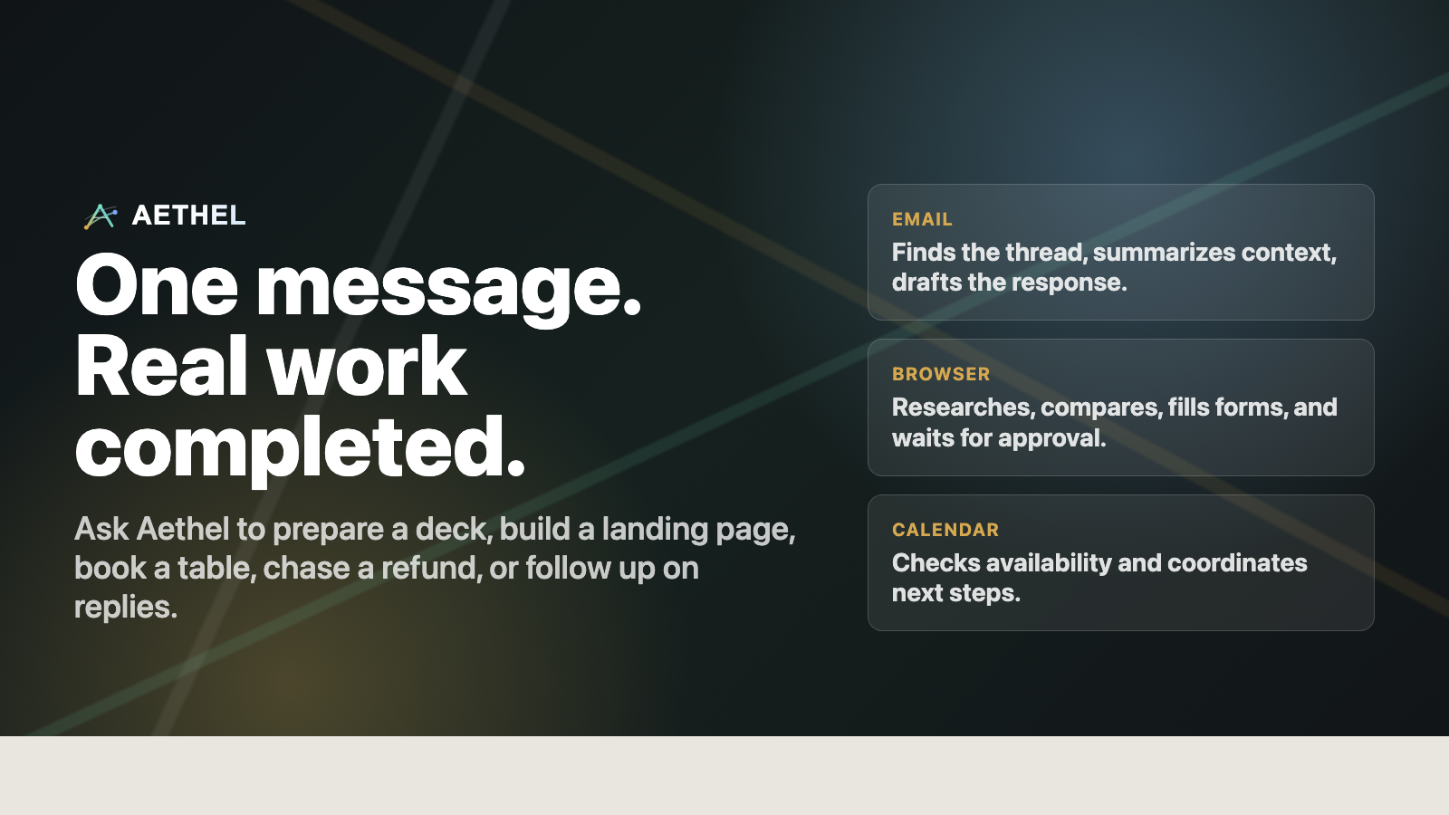 Aethel. One message. Real work completed.
